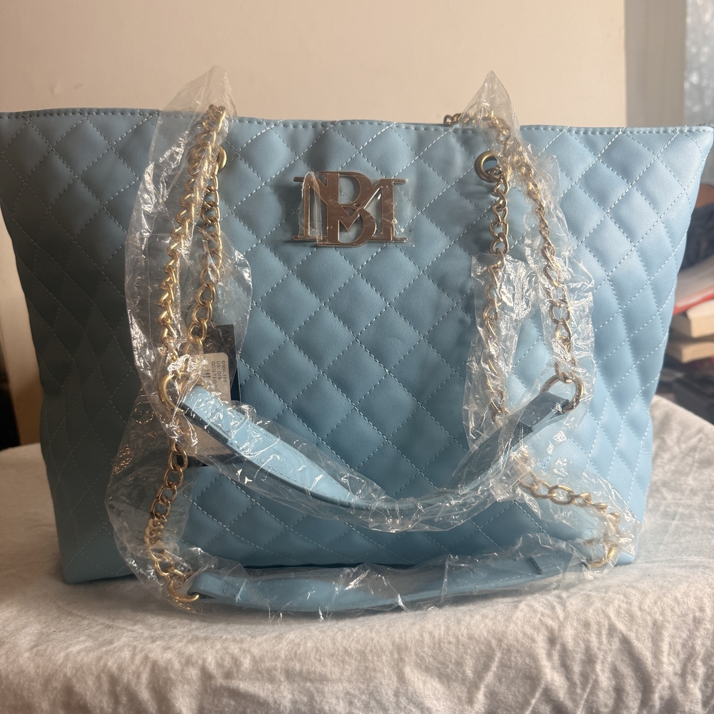 Quilted Light Blue Tote Bag with Gold Chain Handles